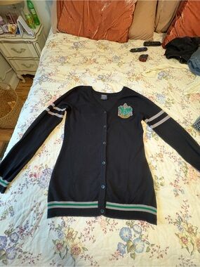 Warner Bros. Black Cardigan with Green and Gray Slytherin Crest Accents